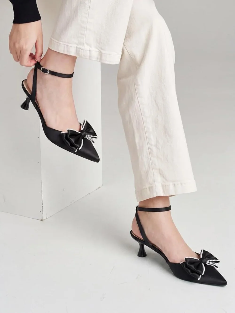 Women's Black Satin Kitten Low Heels Bow Pearl Closed Pointed Toe Ankle Strap
